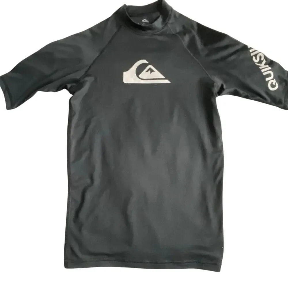 EUC Quiksilver Black White Short Sleeve Rash Guard Swim Top - Size Small